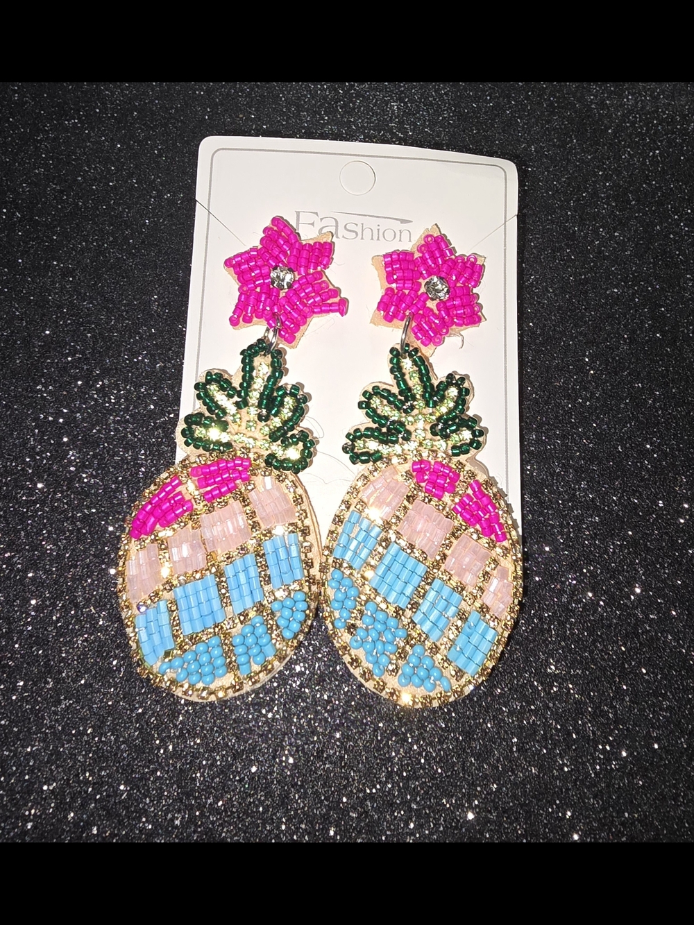 Beaded Pineapple Statement Earrings - Pink, Blue & Green